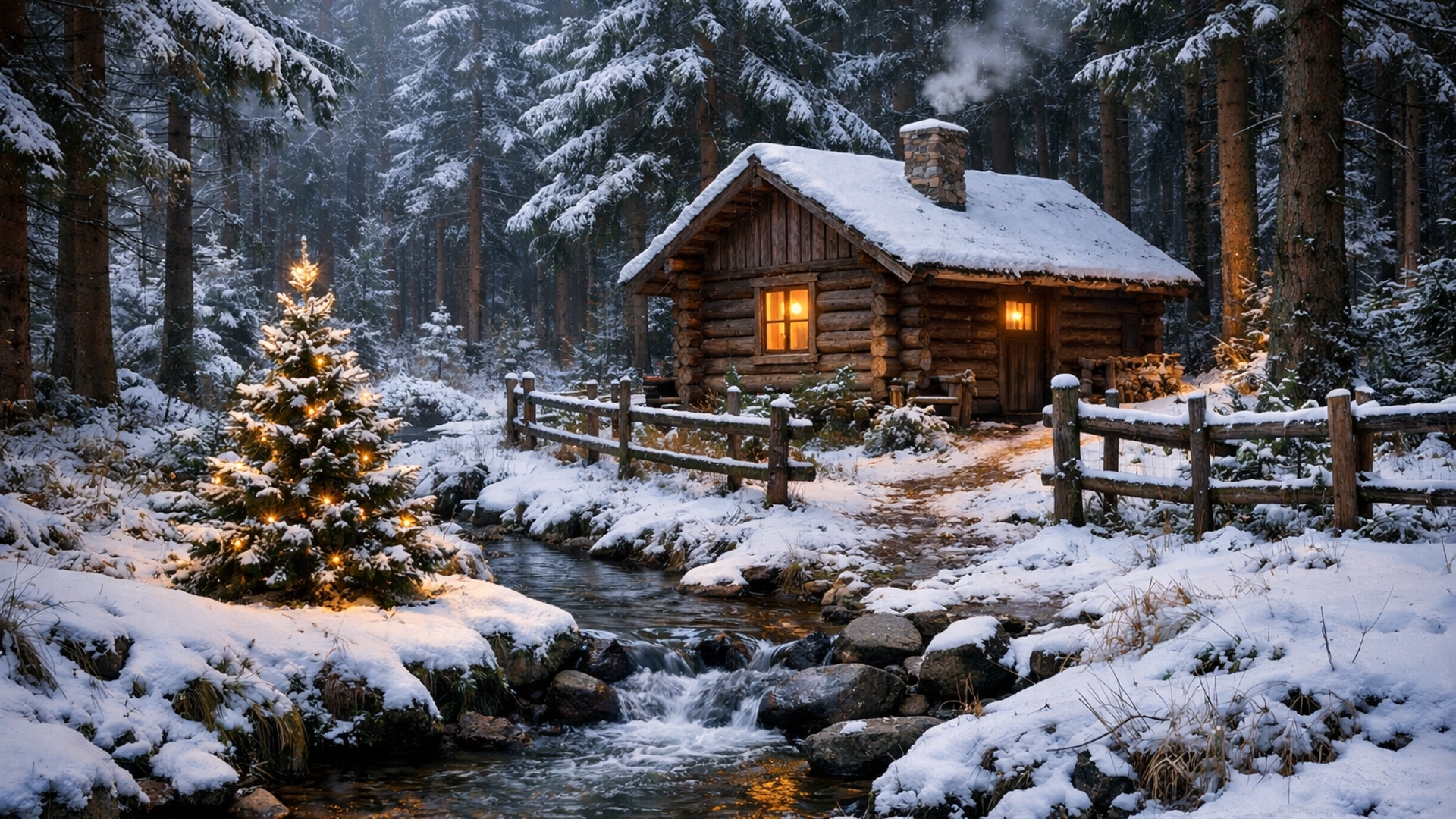 Snowy Woodland Christmas Cabin by a Stream with Glowing Tree Lights ...