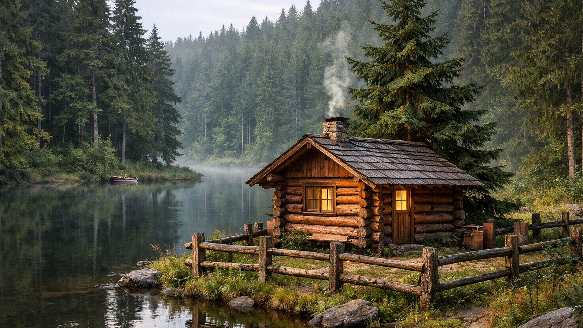 Misty Forest Stream Beside a Cozy Log Cabin Retreat - backiee