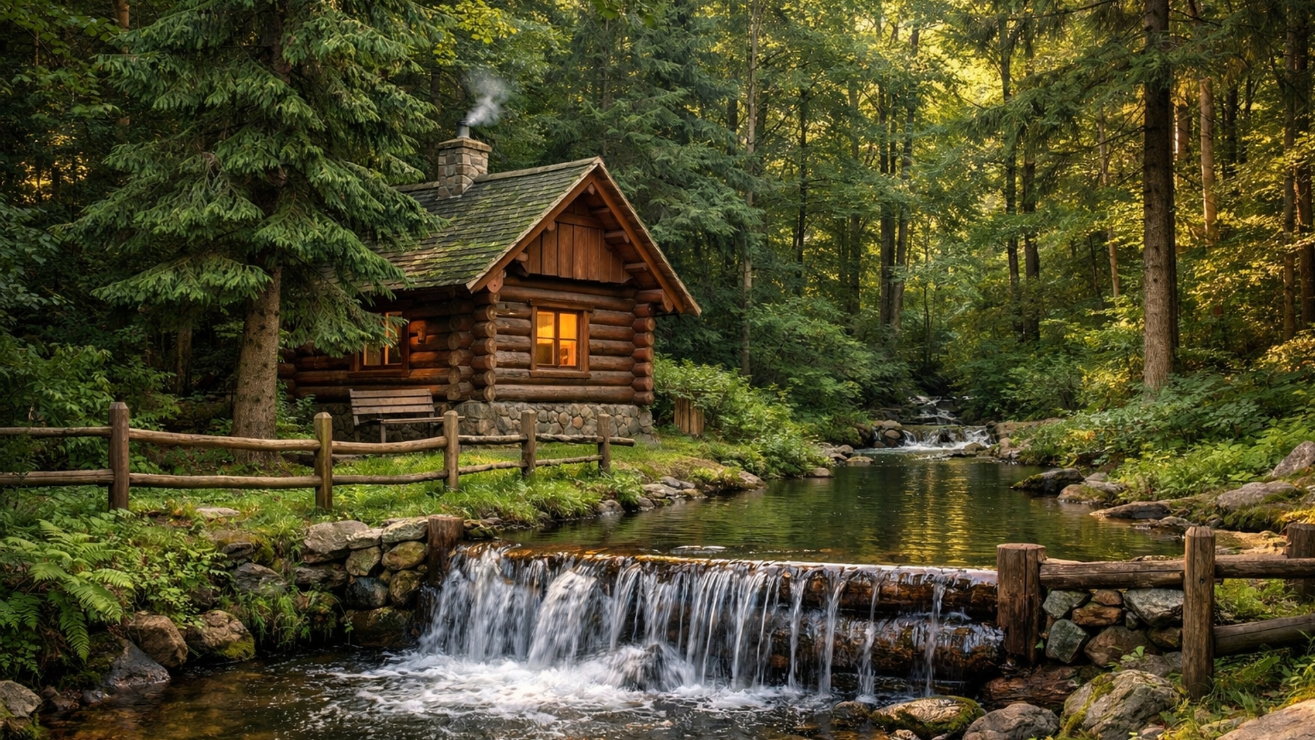 Cozy Log Cabin Beside a Forest Stream at Golden Hour - backiee
