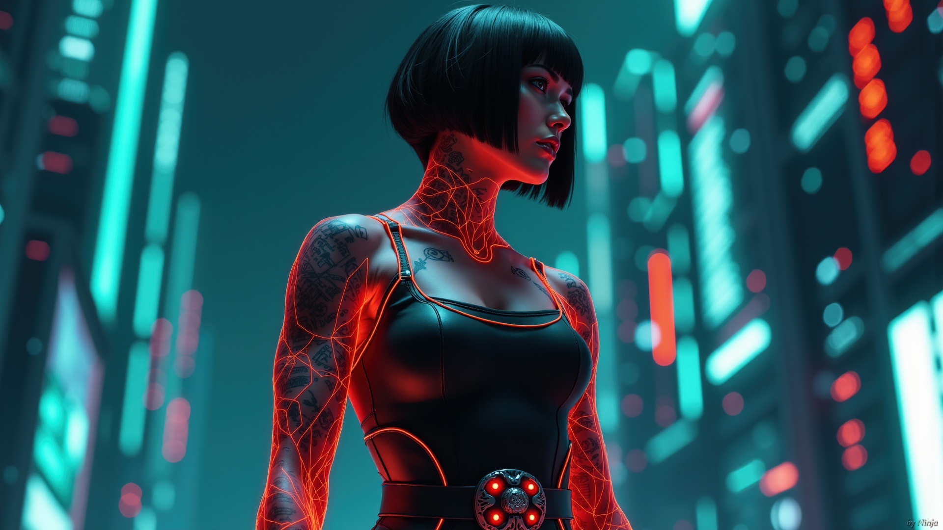 Neon Circuit Siren in a Dystopian Cyberpunk City - backiee