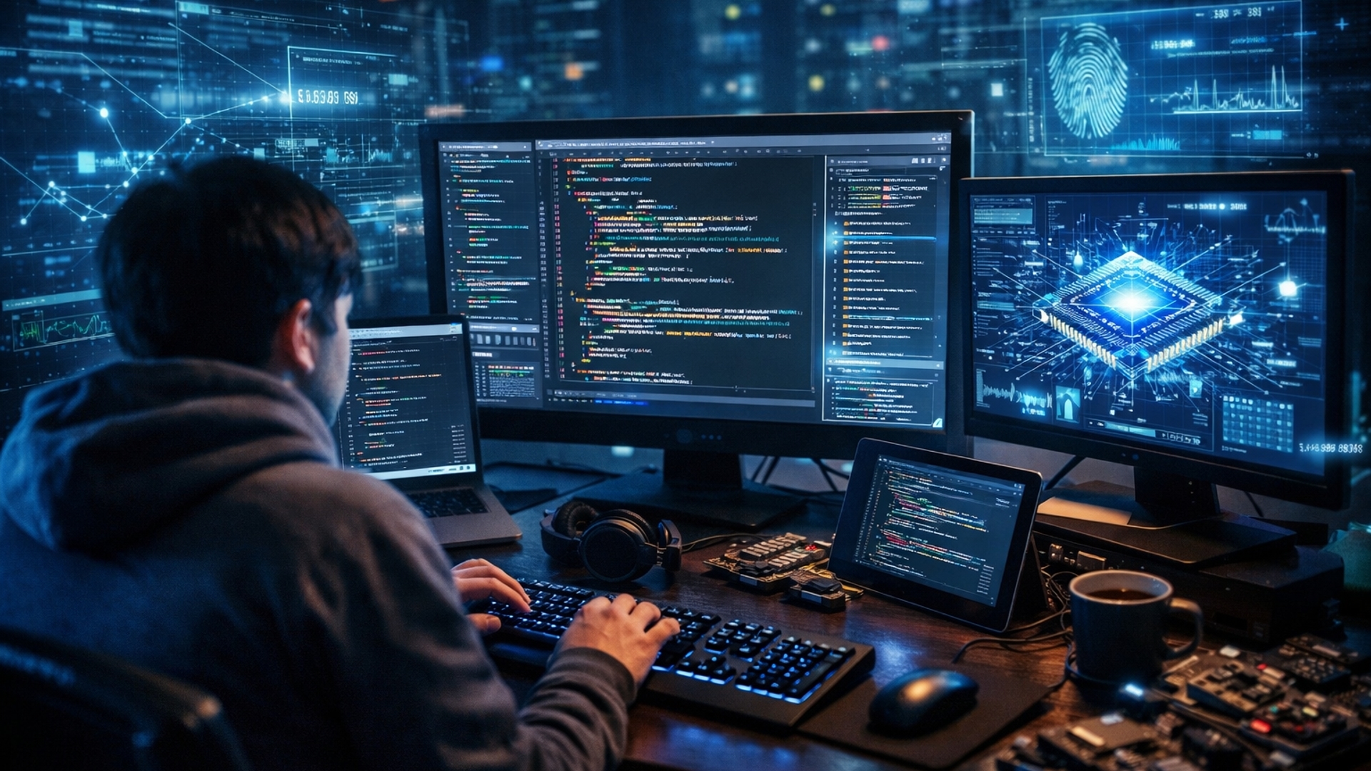 Neon Cybersecurity Workstation with AI Code and Data Streams - backiee