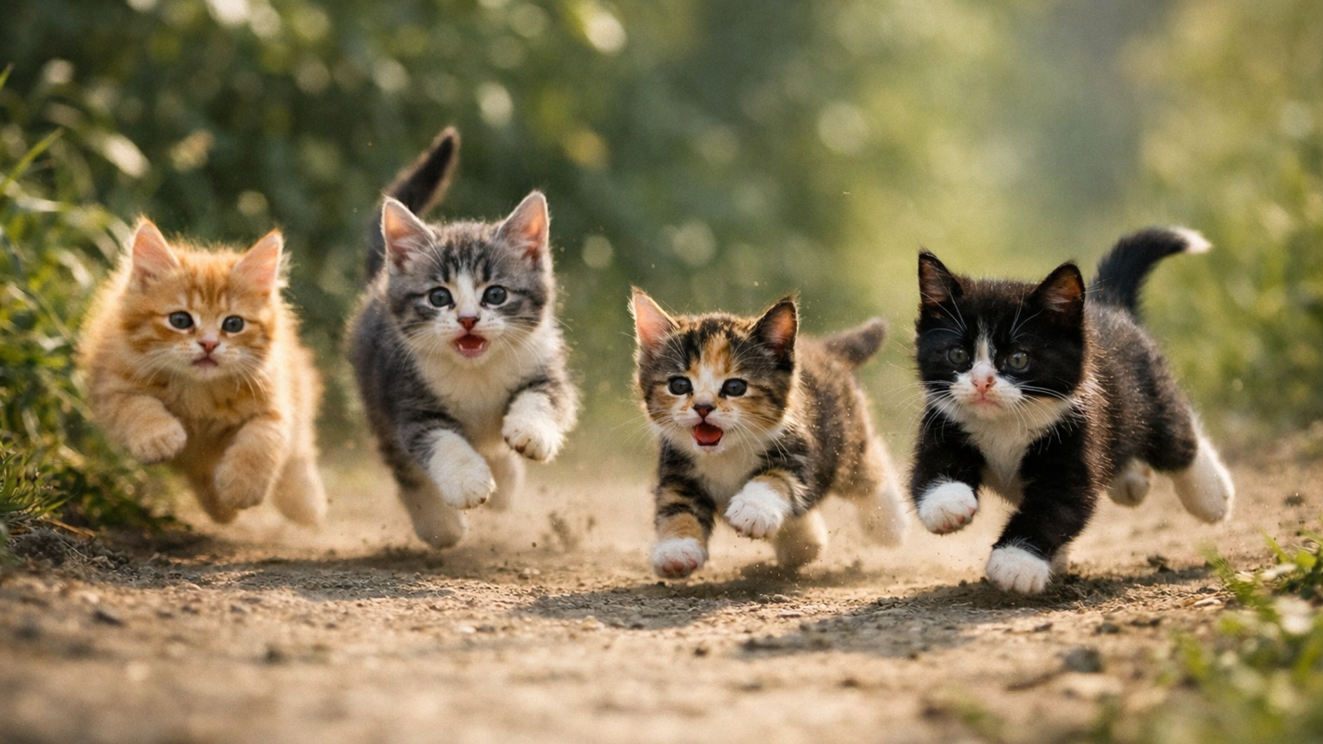 Kittens Racing Outside Playful Kittens Sprinting Through Sunlit Forest Path - backiee