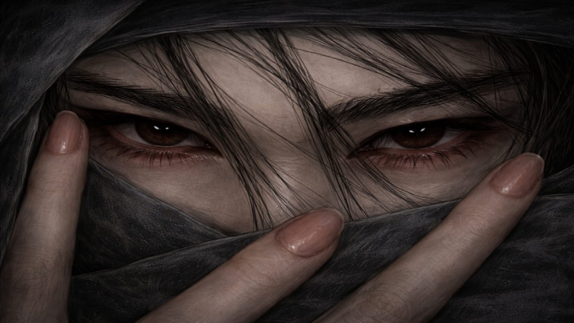 Masked Anime Gaze Through Shadowed Strands and Silent Eyes - backiee