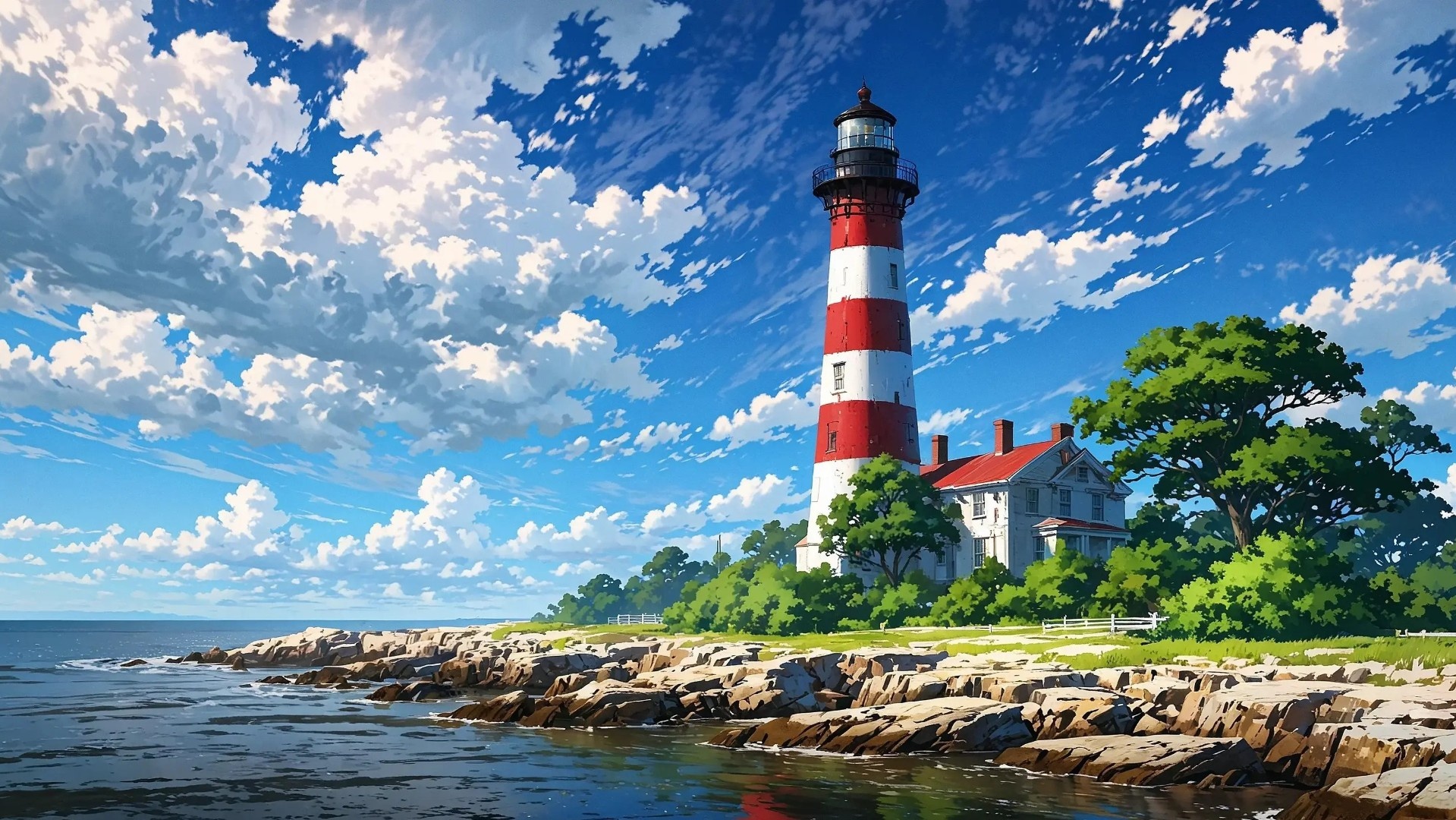 Summer Skies Over a Coastal Lighthouse in Anime Style - backiee