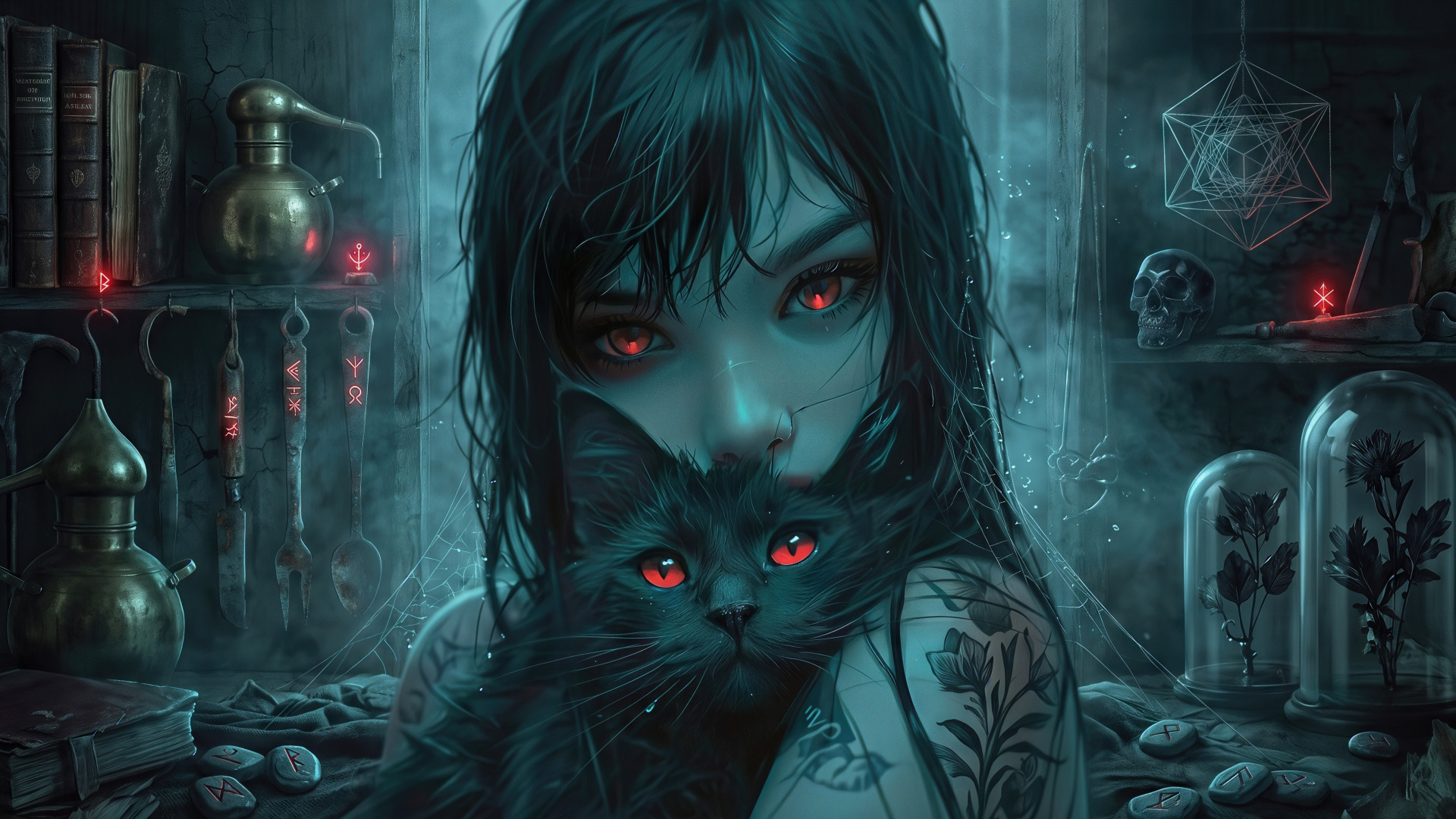 Crimson Eyes in the Gothic Alchemist’s Lair - backiee