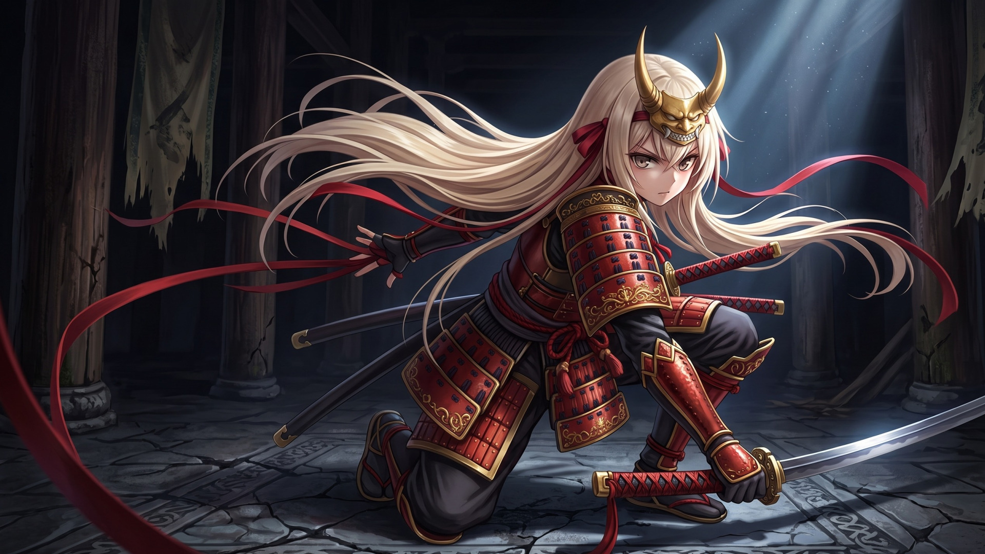 Anime Samurai Girl in a Shadowed Temple - backiee
