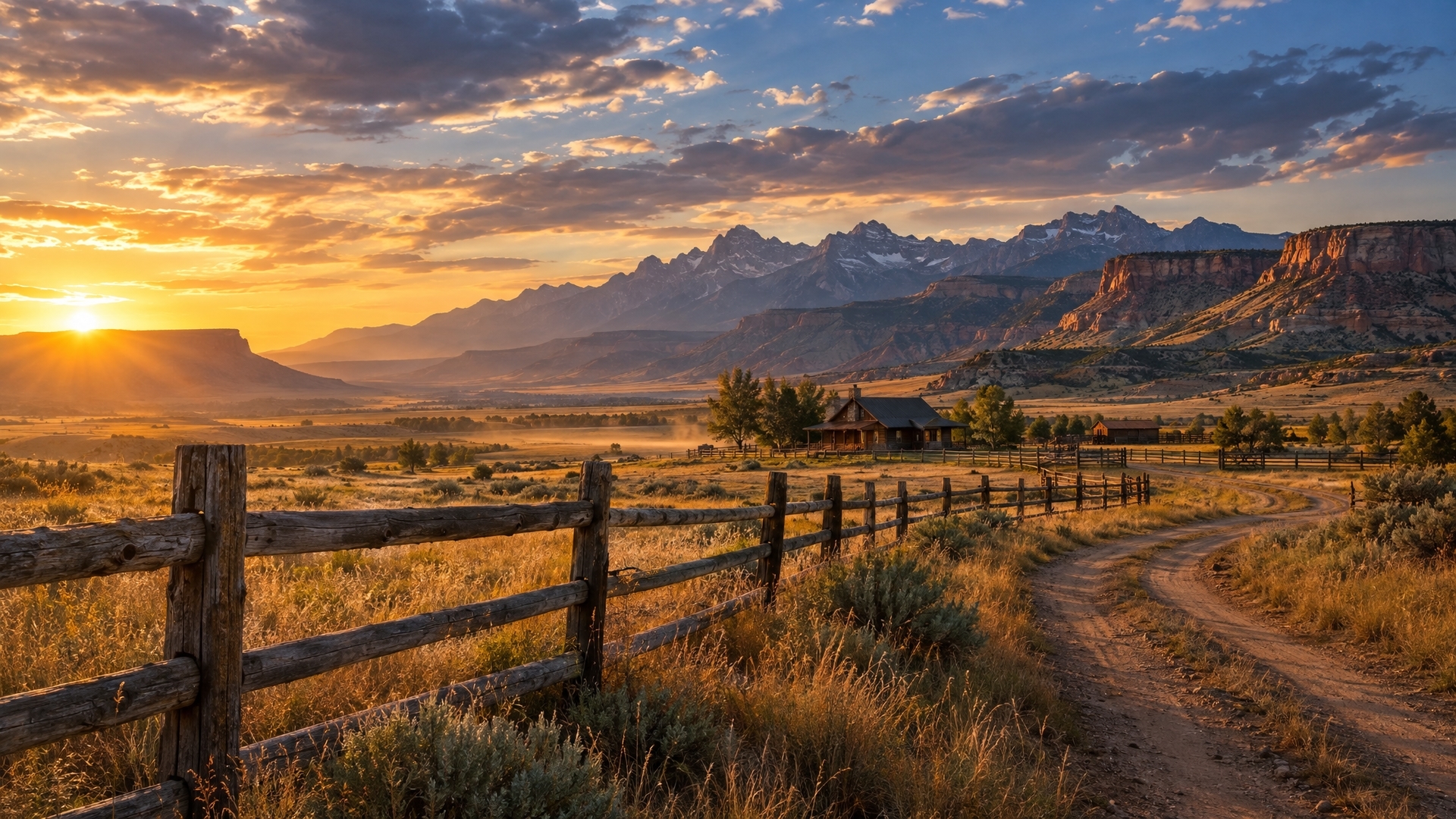 Western Country Ranch at Sunset Across Open Grassland - backiee