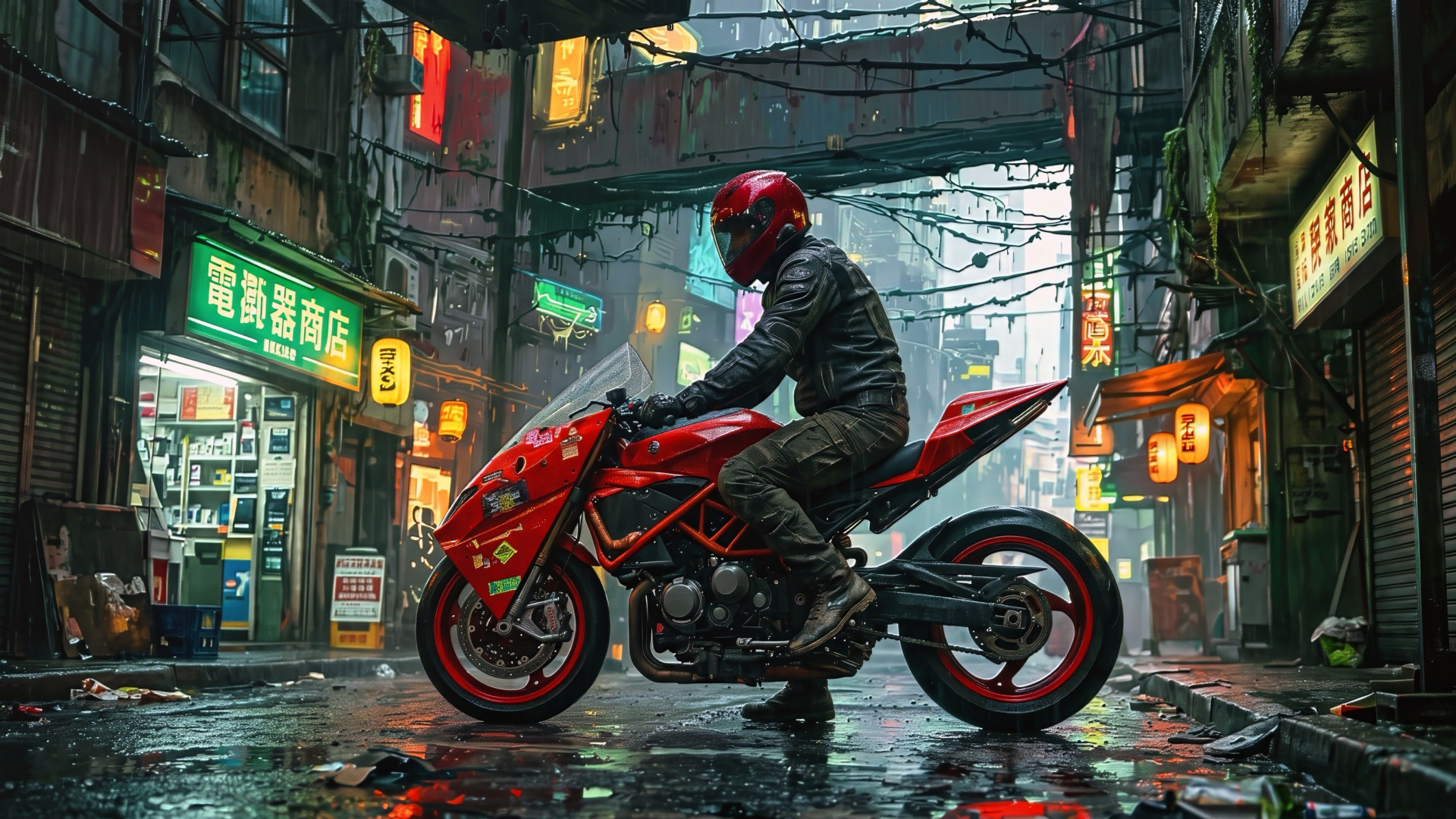 Cycle Rider Anime Motorcycle Rider in a Neon Cyberpunk Alley - backiee