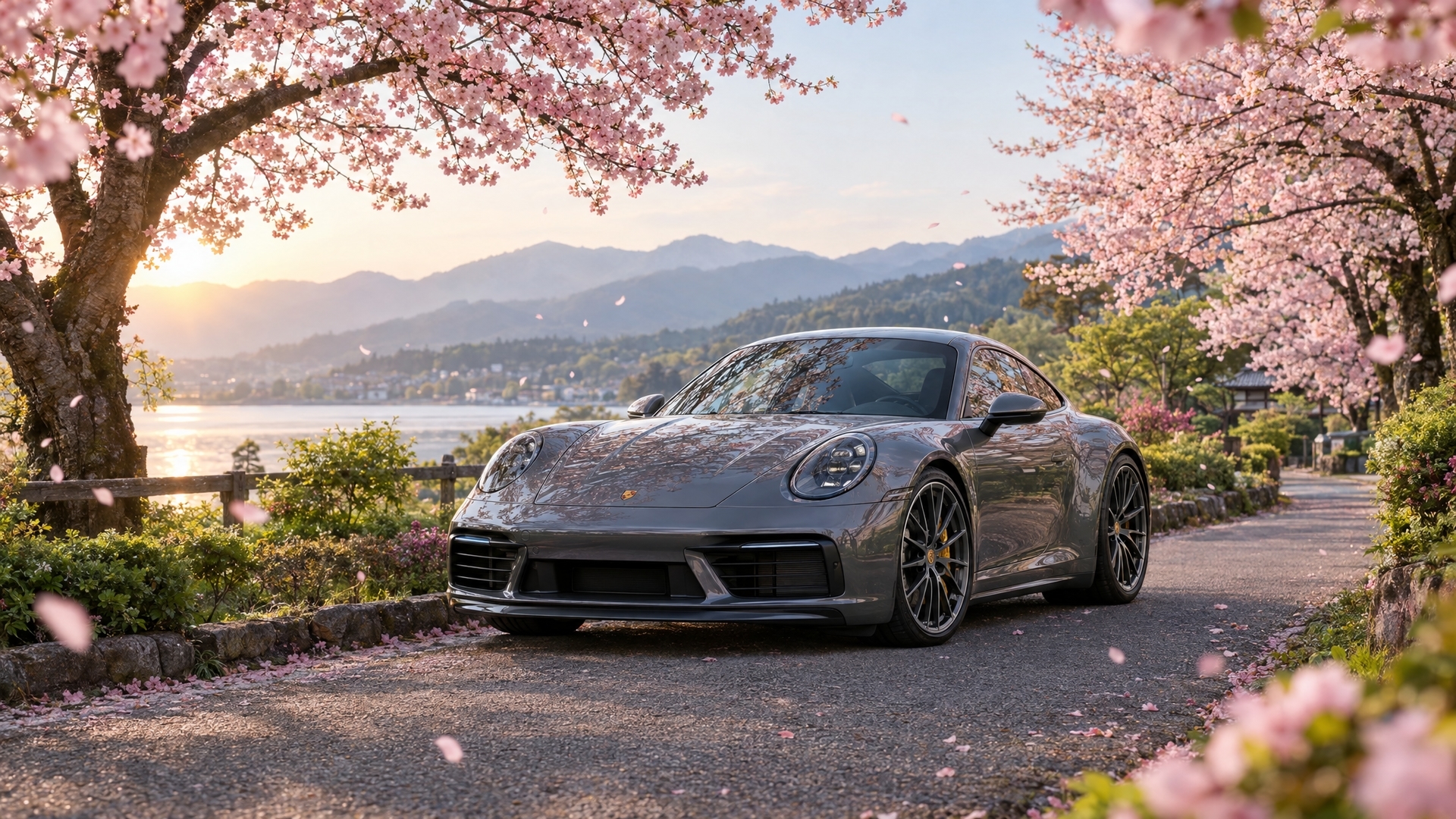 Spring Backround Light Porsche 911 Beneath Spring Sakura Blossoms - backiee