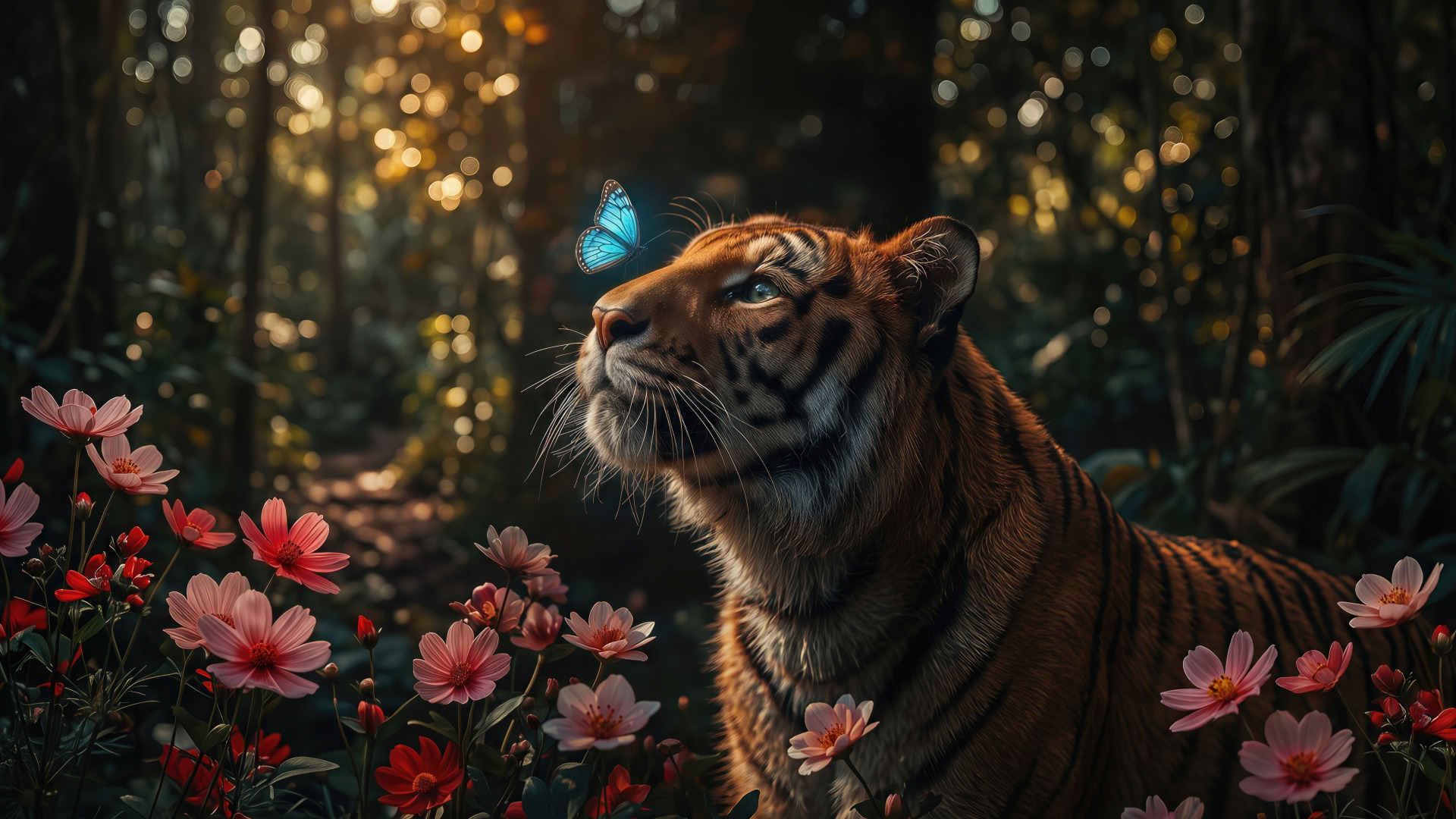 Tiger and Blue Butterfly in a Fantasy Forest - backiee