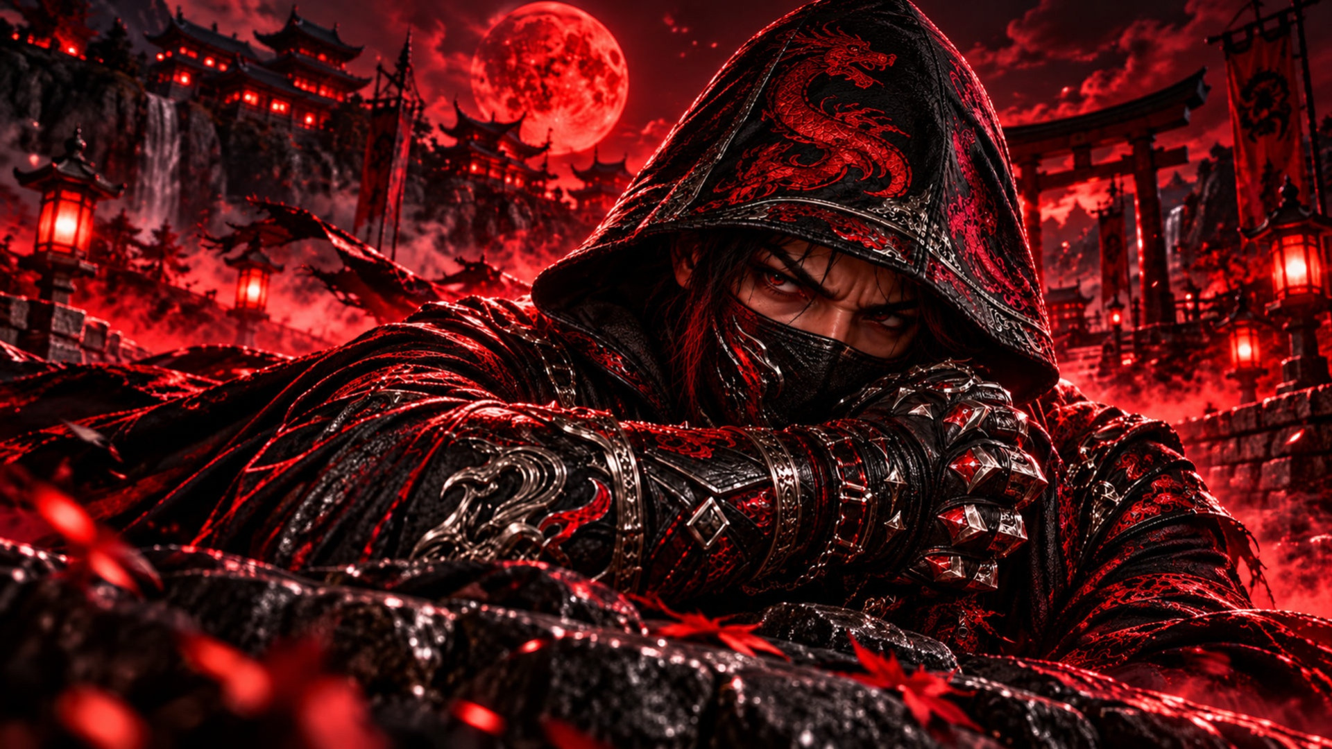 Ninja on a Cliff Beneath a Blood Moon - backiee