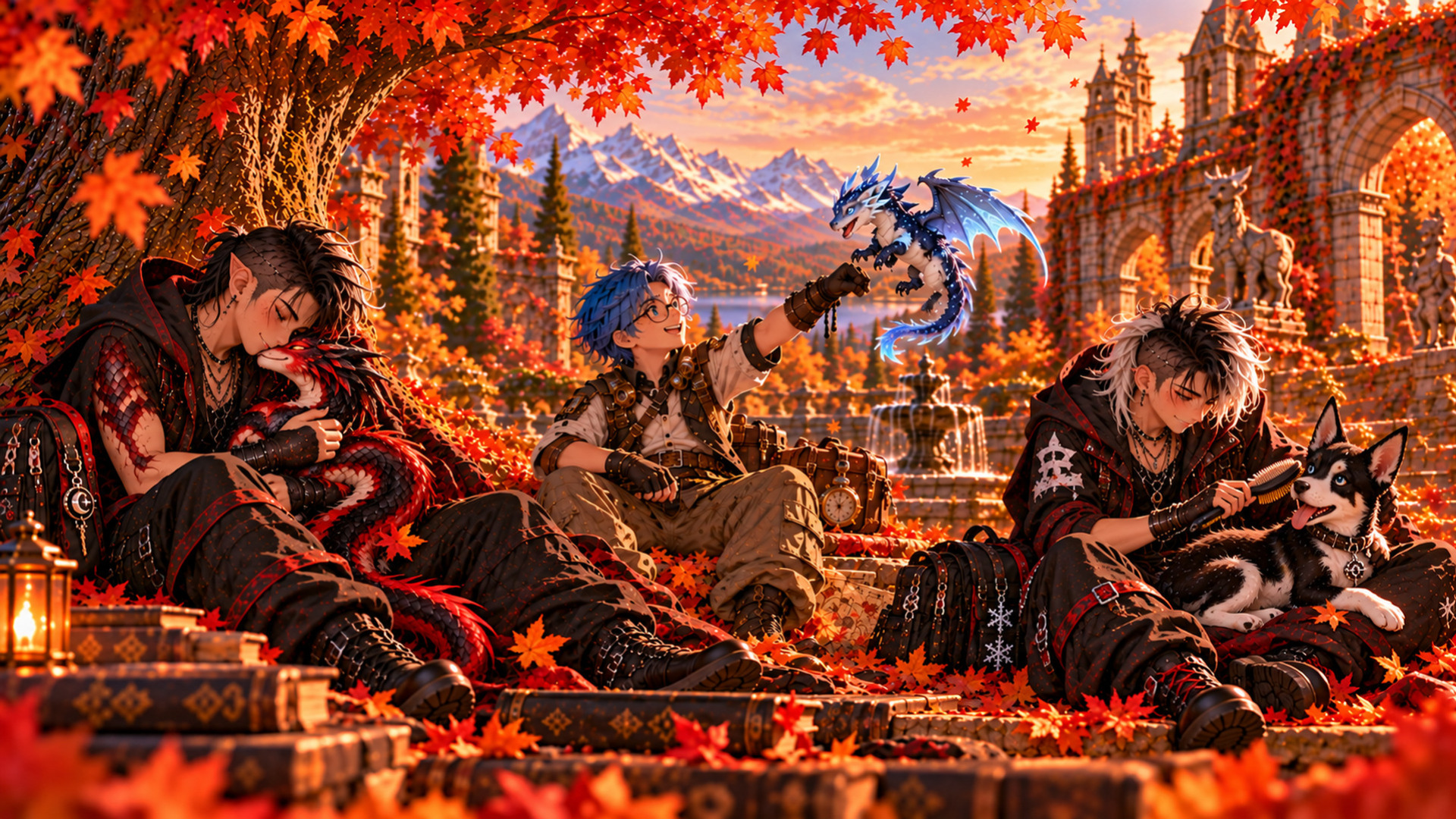 Anime Guys, Dragon, and Husky in an Autumn Courtyard - backiee