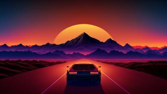 ai-art-sports-car-sunset-mountains-road-desert wallpaper