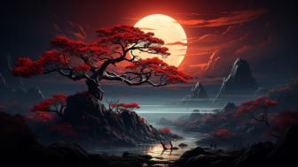 Mystical Eastern Night Under Crimson Foliage wallpaper
