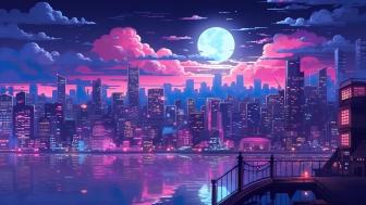 Moonlit Metropolis in Pink and Blue Hues wallpaper