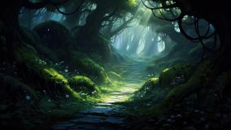 Ethereal Forest Pathway in the Mist wallpaper