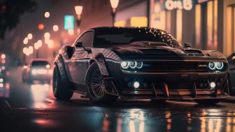 Gleaming Muscle Car in Neon-Lit Cityscape wallpaper
