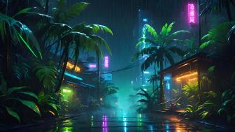 Neon Jungle: A Cyberpunk Rainforest at Night wallpaper