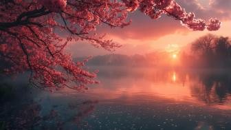 Sunset Serenade Under Cherry Blossoms wallpaper