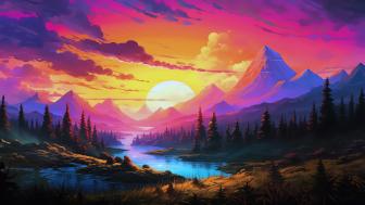 Majestic Sunset Over Fantasy Mountain Riverscape wallpaper