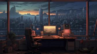 Lo-Fi Anime Office with Cityscape View wallpaper