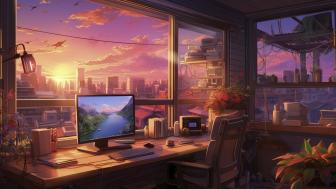 Anime Office with Sunset View wallpaper