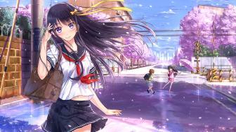Schoolgirl in Blooming Sakura Street wallpaper