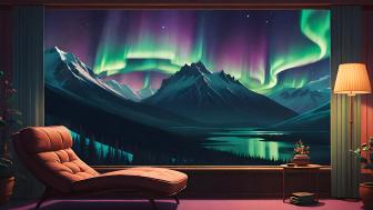 Tranquil Aurora Mountain View from a Cozy Room wallpaper