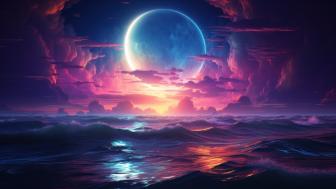Moonlit Seascape with Neon Waves wallpaper