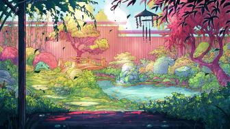 A Serene Anime Garden Scene wallpaper