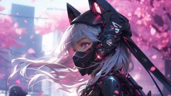 Cyberpunk Neko Girl in Cherry Blossom wallpaper