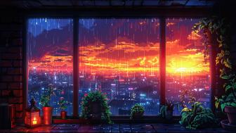 Rainy Sunset Anime Cityscape wallpaper