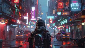 Neon Vigilante Walking in Cyberpunk Cityscape wallpaper