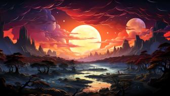 Sunset Over Fantasy Riverlands wallpaper