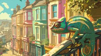 Chameleon in Colorful Cityscape wallpaper