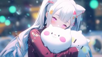 Kawaii Cat-Eared Anime Girl Hugging Plushies wallpaper
