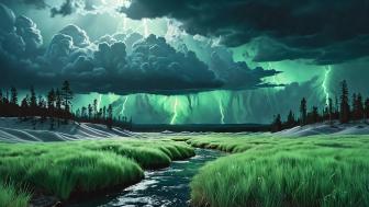 Stormy Fantasy Landscape with Lightning and River wallpaper