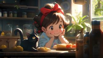 Anime Girl and Cat in Cozy Kitchen wallpaper