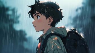 Pensive Boy in the Rainy Scene wallpaper