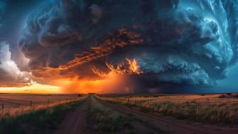 Epic Lightning Storm Over Grassland Road Trail wallpaper