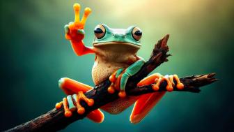 Frog on a twig making a victor sign - Victory to all frogs! wallpaper