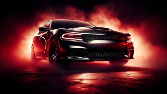 A Dodge Charger in a dark red steamy background wallpaper