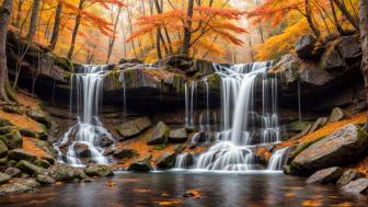 Autumn Waterfall in Enchanted Forest wallpaper