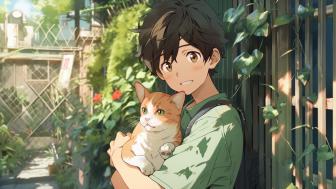 Charming Anime Guy with Cat in Serene Setting wallpaper