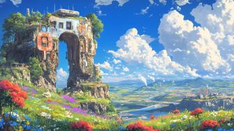 Anime Dreamscape with Futuristic Archway in Meadow Scene wallpaper