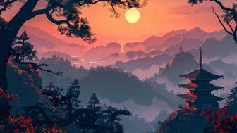 Sunset Over Serene Pagoda Landscape wallpaper