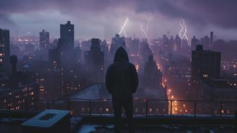 Rooftop Contemplation Amidst the Storm wallpaper