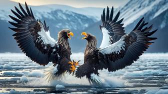 Steller sea eagles fighting on the ice surface wallpaper