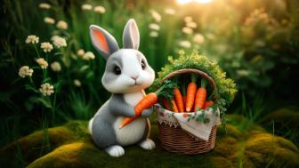 A Rabbit with a basket of carrots, holding a carrot.  wallpaper