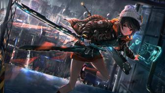 Futuristic Warrior in Action-Packed Cityscape wallpaper